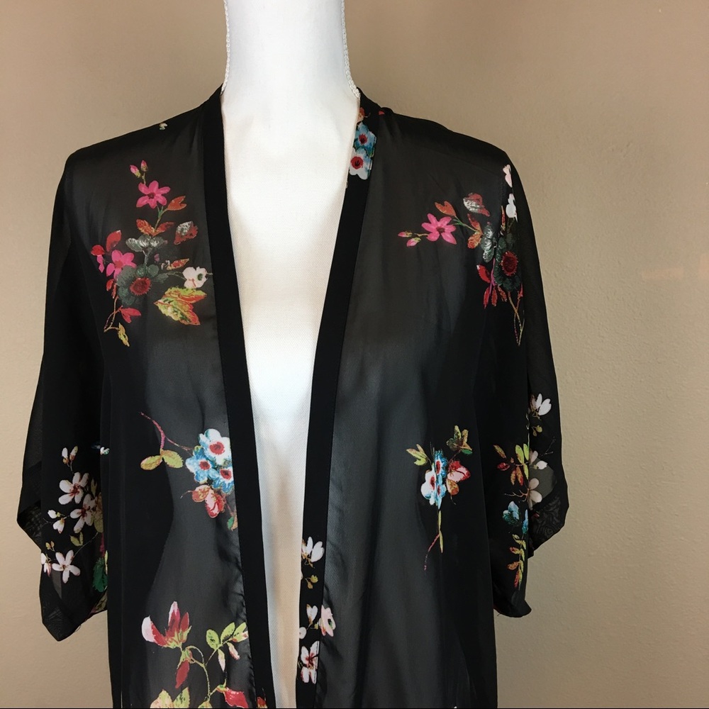 Xhilaration Black Floral Kimono With Fringe Hem