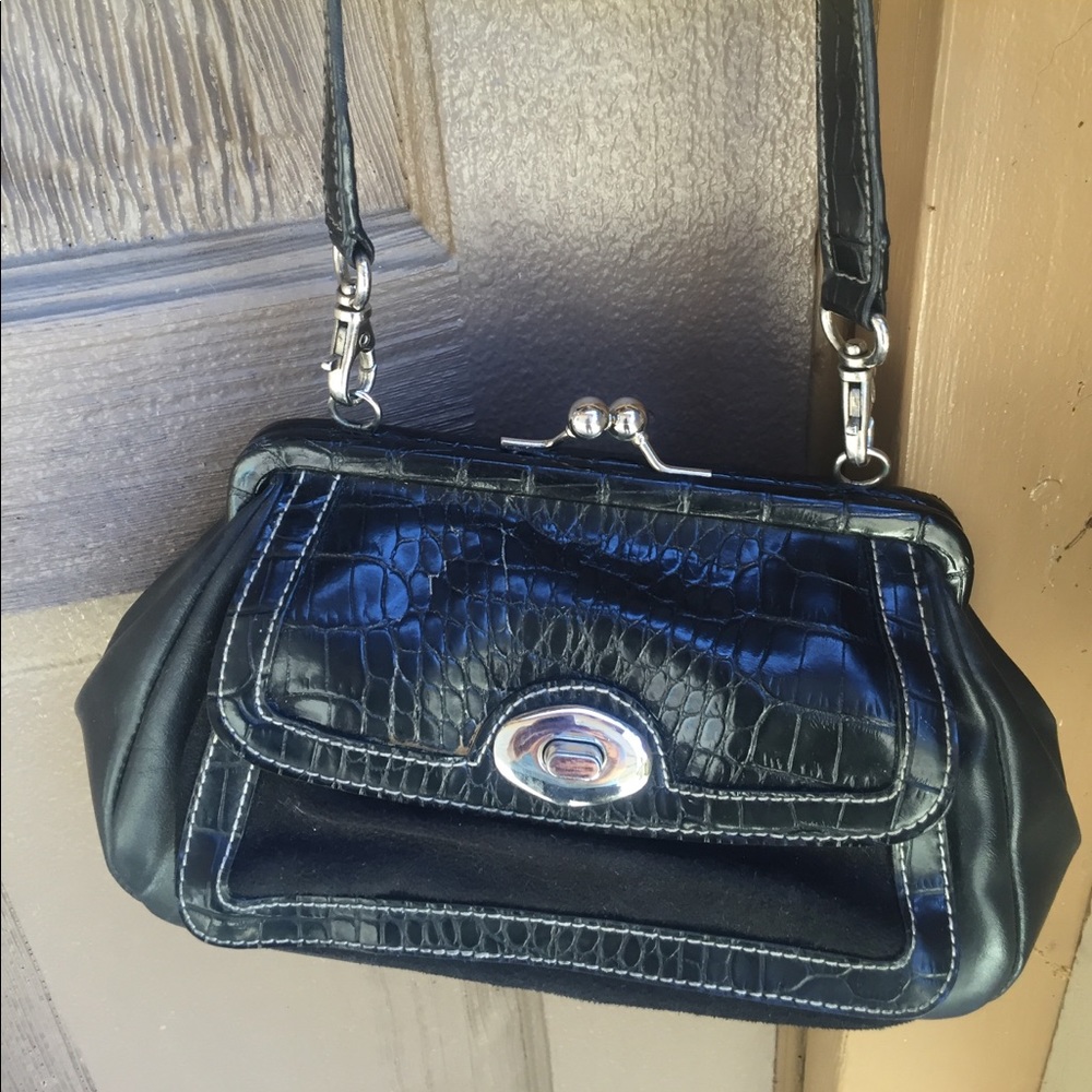 Worthington black leather suede wristlet clutch