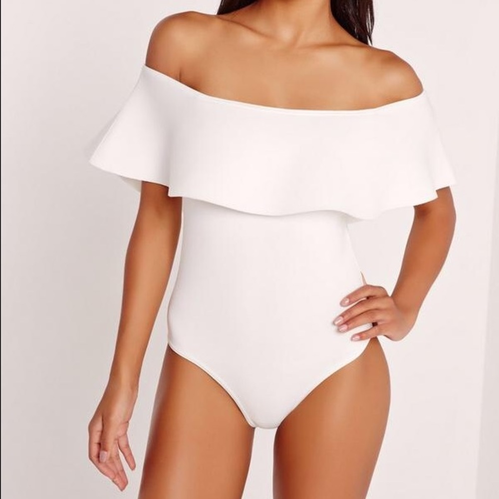 White Off the Shoulder Bardot Ruffle Bodysuit