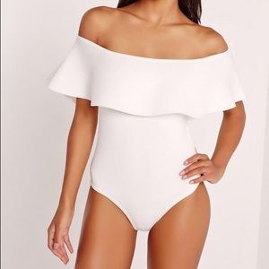 White Off the Shoulder Bardot Ruffle Bodysuit