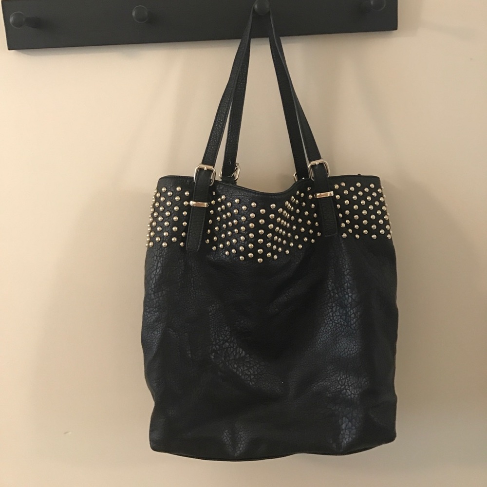 Black leather tote with silver studs