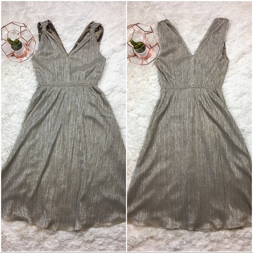 Tahari Gold Tea Length Dress V Neck