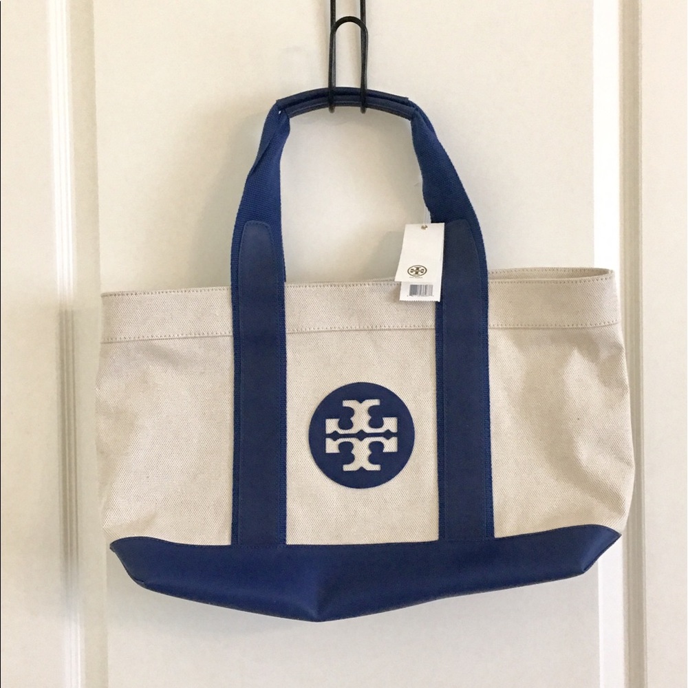 Tory Burch Canvas Beach Tote Bag Natural Surf Blue