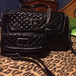 Guess Black patent quilted satchel with wallet