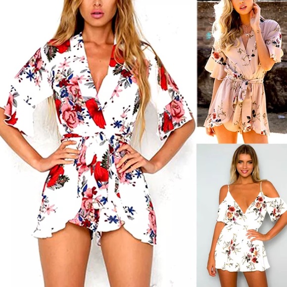 Romantic Floral Low Cut Deep V Romper - Picture 2 of 2