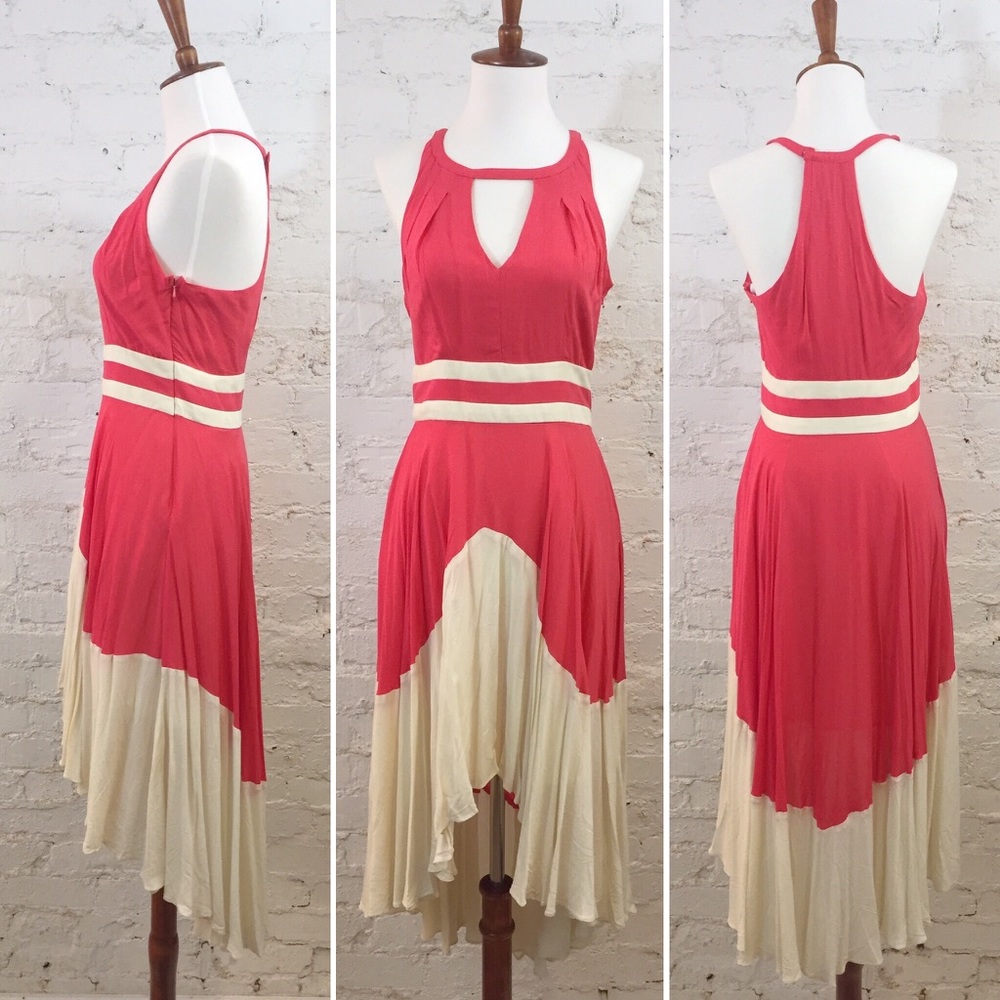 MINUET High Low Halter Keyhole Maxi Pink White