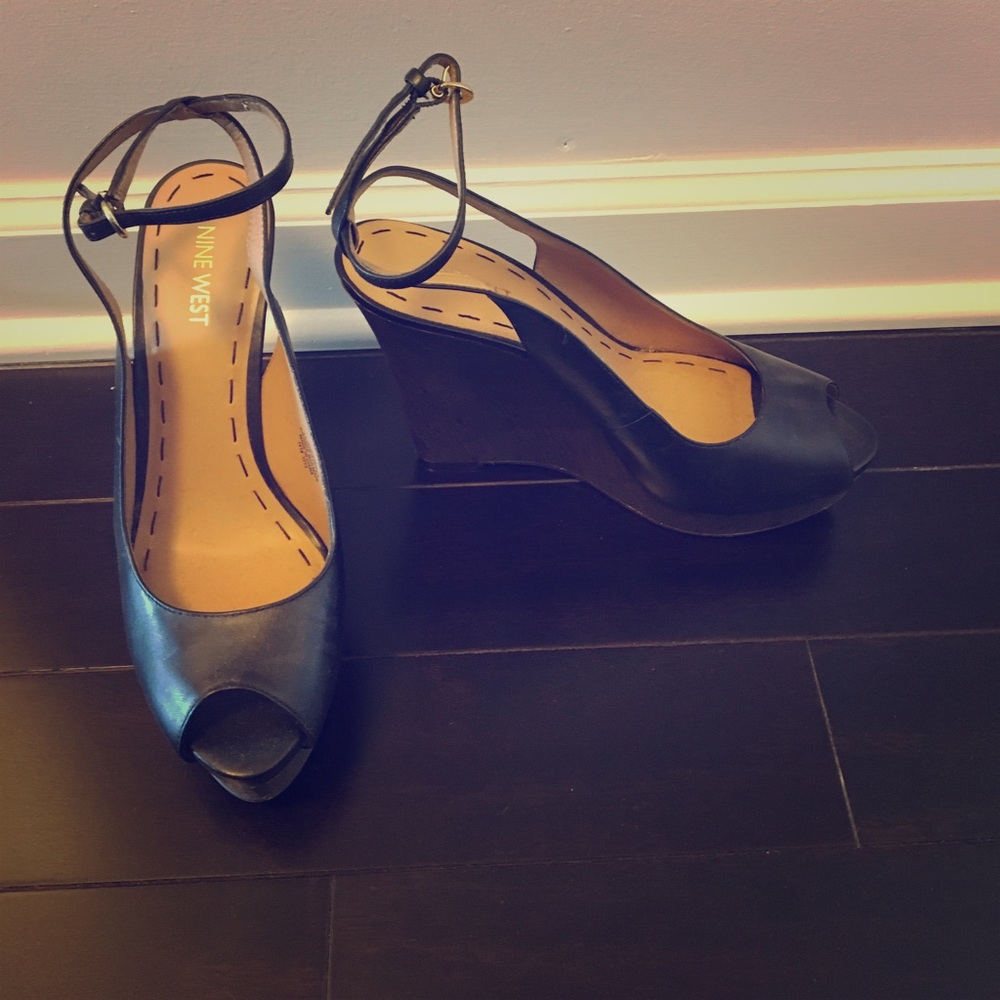 Nine West peep toe black wedges (worn once!)