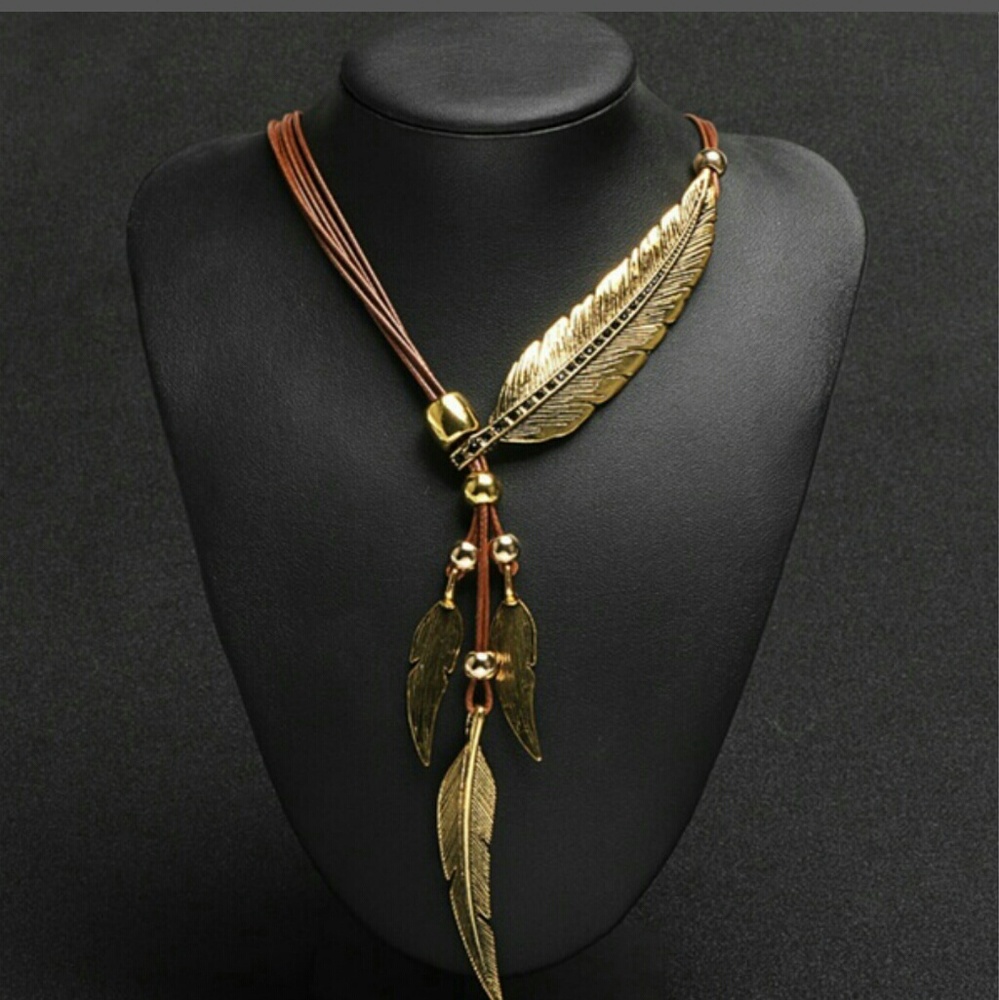 Gold feather choker/expandable Leather necklace