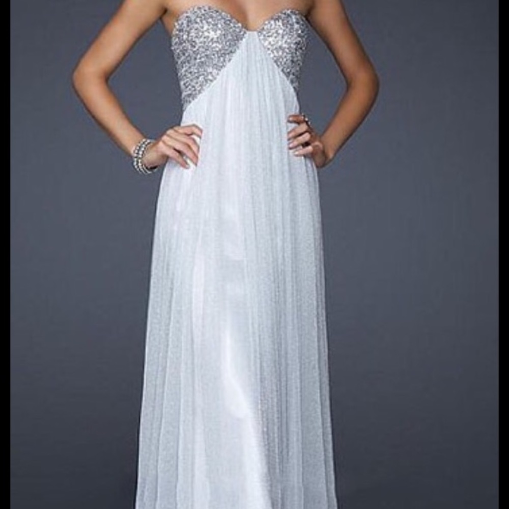 La Femme white strapless prom dress