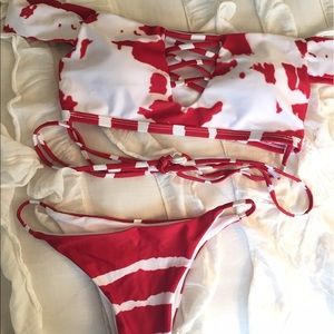 Red Tie-Dye Off the Shoulder Bikini