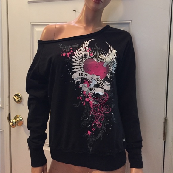 Sinful Tops - Love never dies black M off shoulder sweatshirt