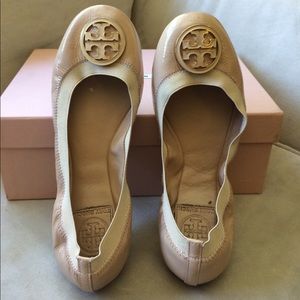 Tory Burch Nude Patent Ballet Flats with Logo