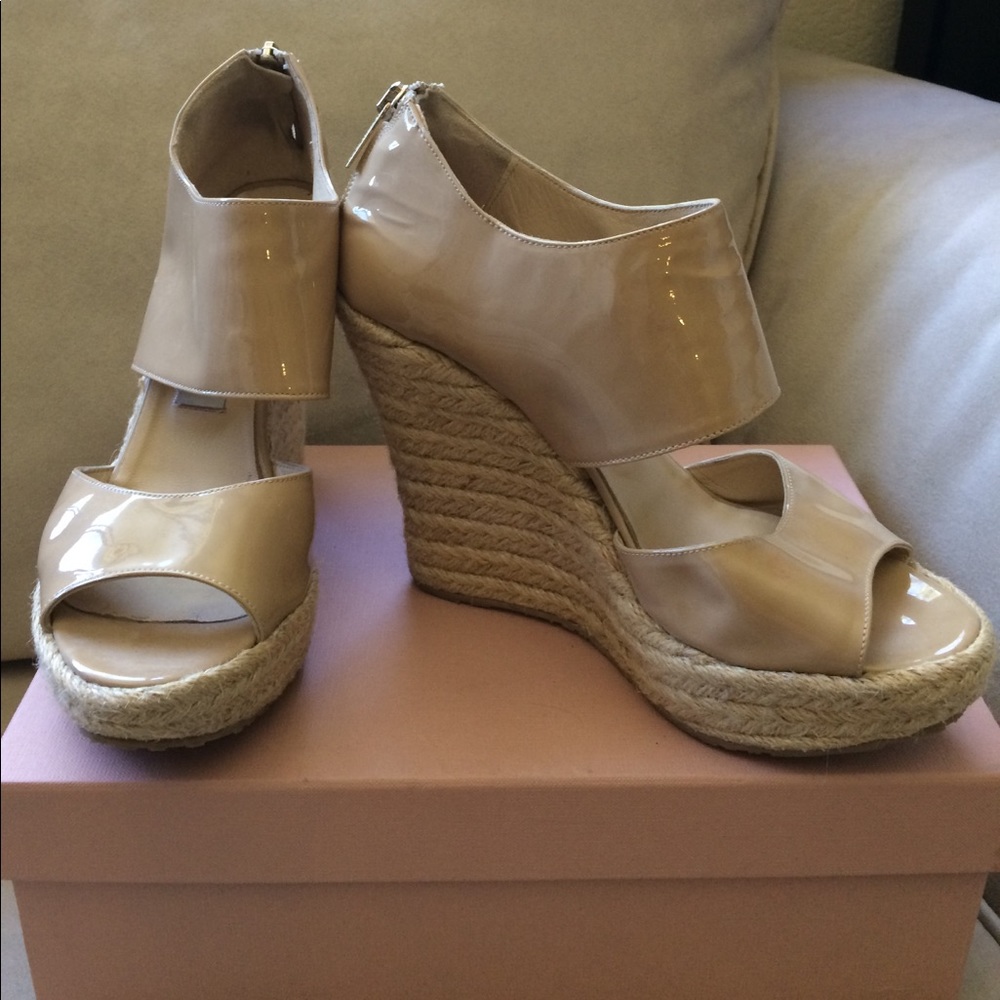 Jimmy Choo Nude Patent Wedge Sandals