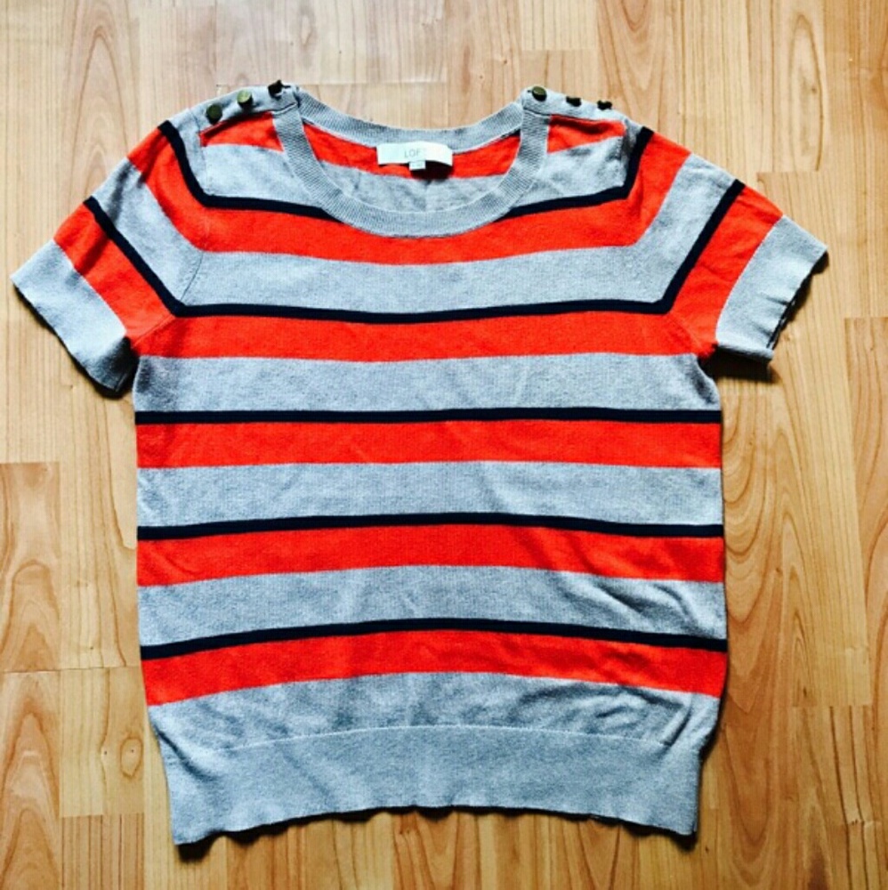 LOFT Orange Striped Short Sleeve Sweater