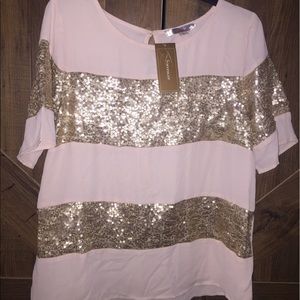 Francesca's gold sequin/blush color block top Lrg
