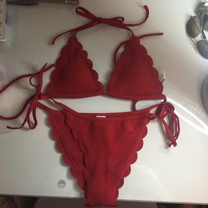Red Scalloped Bikini Top and Bottom Set