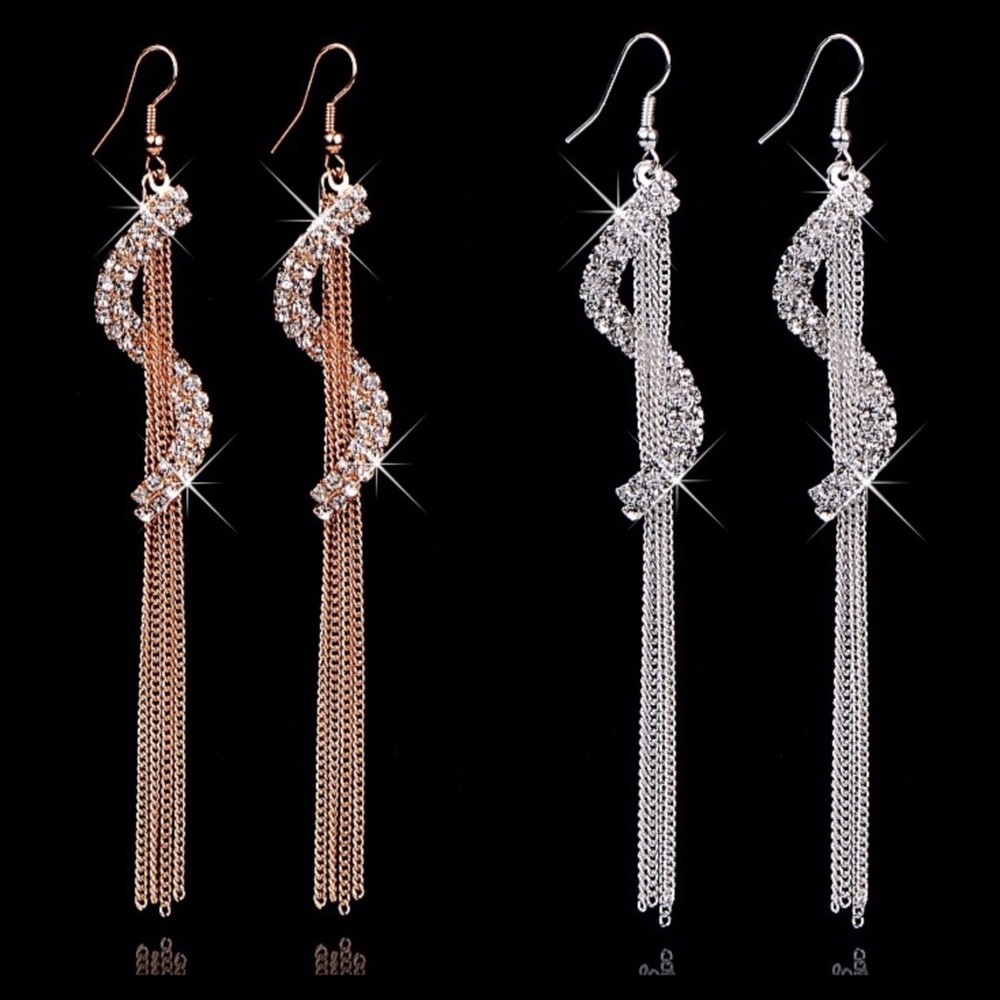 Silver Gold Long Crystal Spiral Earrings - Picture 4 of 7