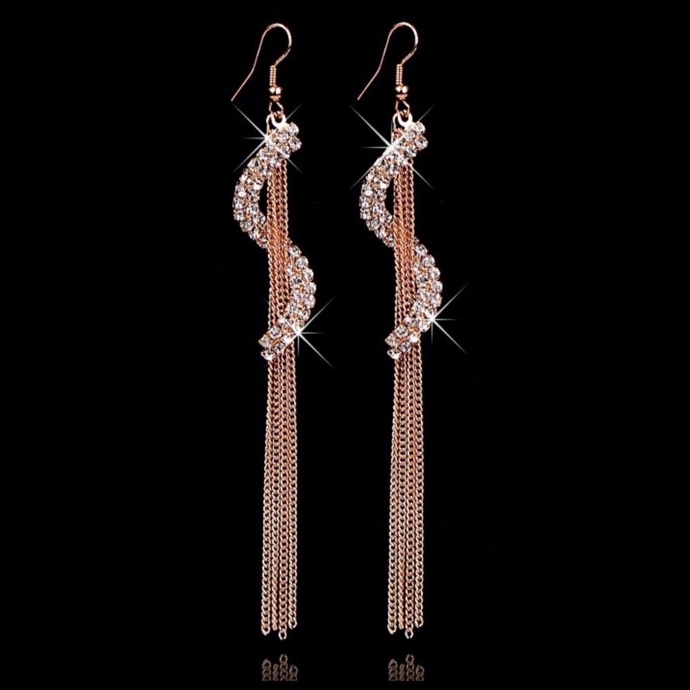 Silver Gold Long Crystal Spiral Earrings - Picture 3 of 7