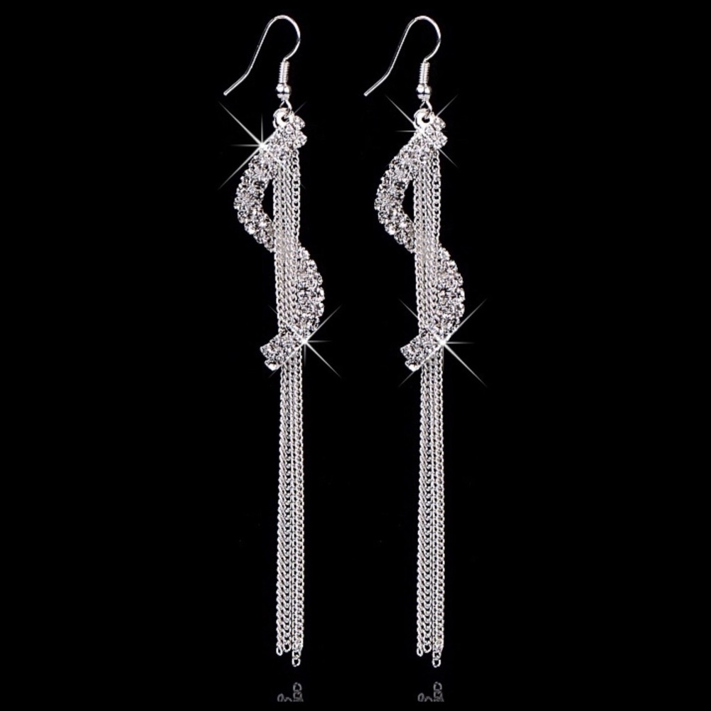 Silver Gold Long Crystal Spiral Earrings - Picture 5 of 7