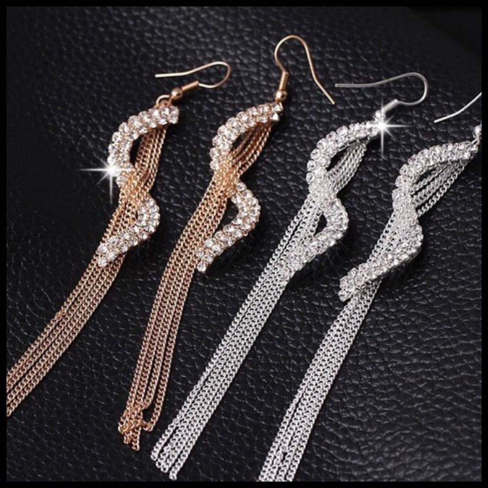 Silver Gold Long Crystal Spiral Earrings - Picture 6 of 7