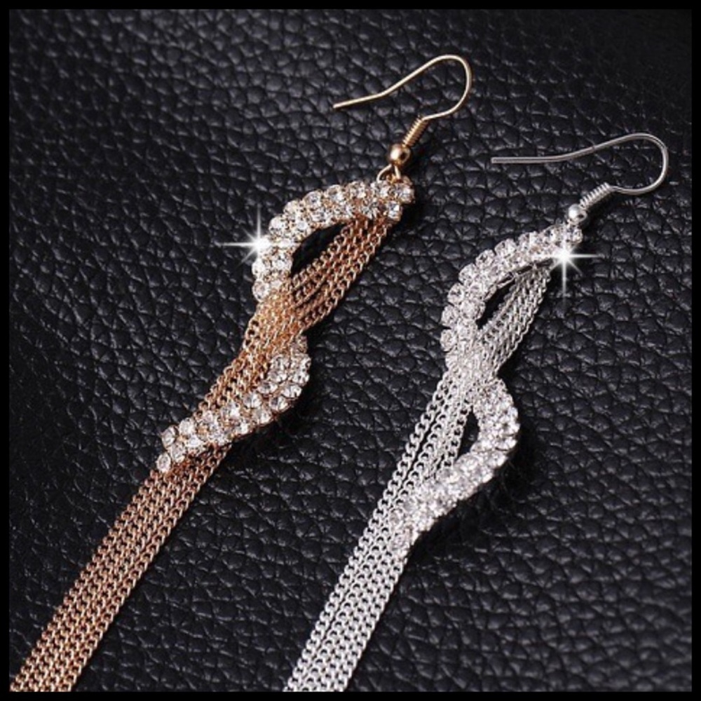 Silver Gold Long Crystal Spiral Earrings - Picture 7 of 7