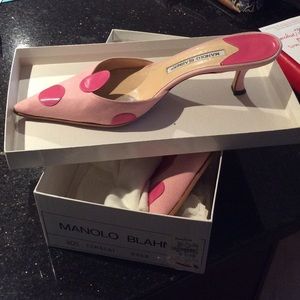 Pink cloth with darker pink  polk dot mules