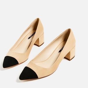 NWT ZARA MID-HEEL CONTRAST CAP TOE BLOCK HEEL PUMP