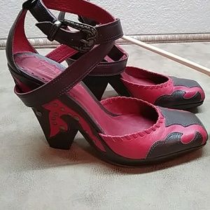 Women's Red/Brown Leather Ankle Wrap Heels7B