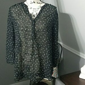Black sheer blouse with aqua birds