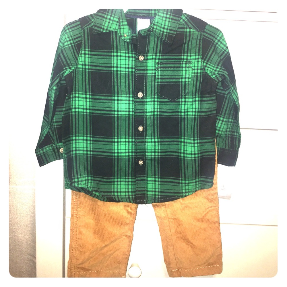 Green plaid shirt w/ tan corduroy elastic pants