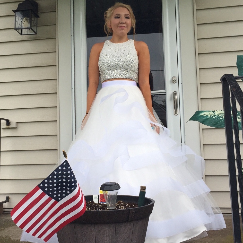 Two-piece white ball gown prom dress