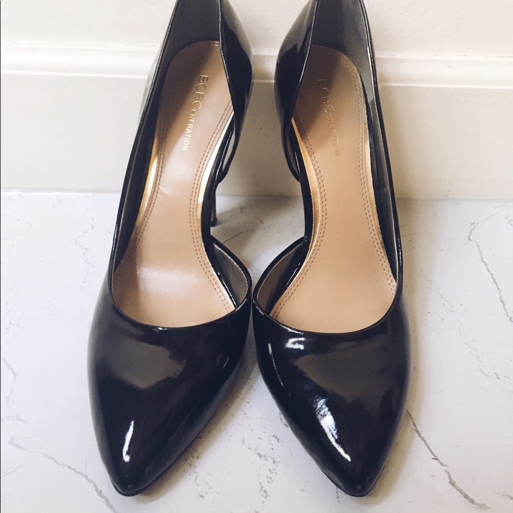 BCBG black patent pumps