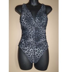 Miraclesuit Black Gray Leopard Print 1 Pc V Neck