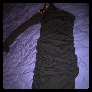 One sleeve, jeweled shoulder, rouched party dress