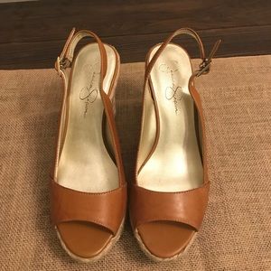 Jessica Simpson tan wedges. Wear and tear