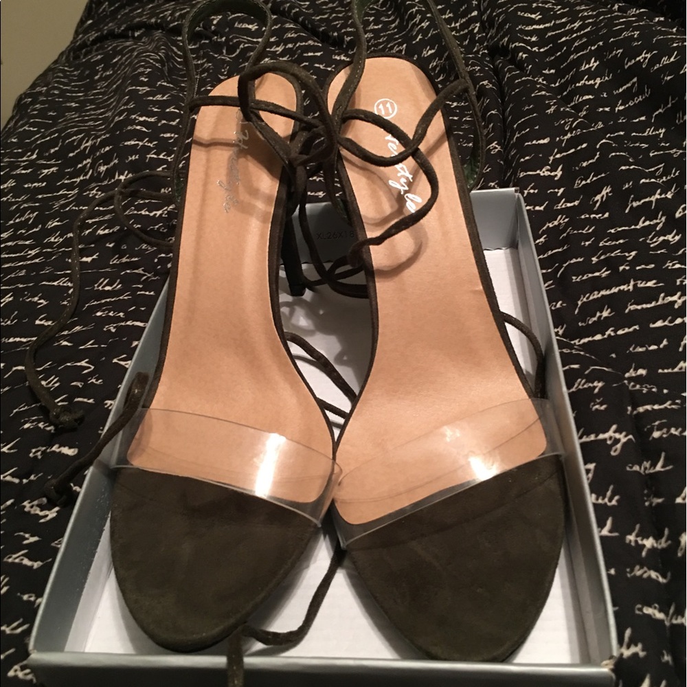 Dark green clear across toe strap heels