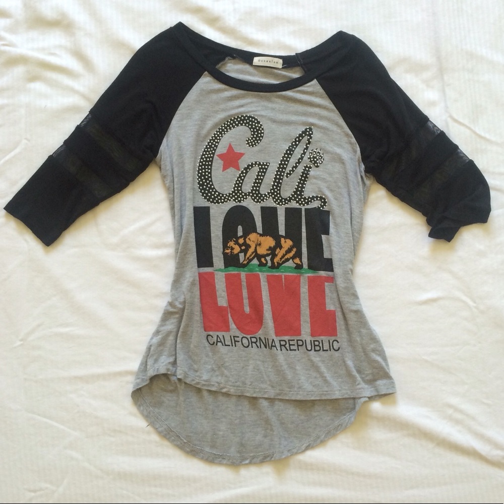California tshirt sheer sleeve cutouts