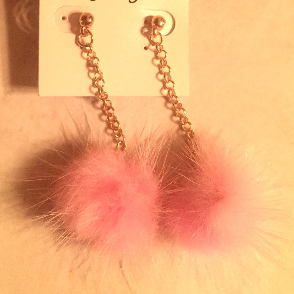Pink fuzzy Pom Pom earrings