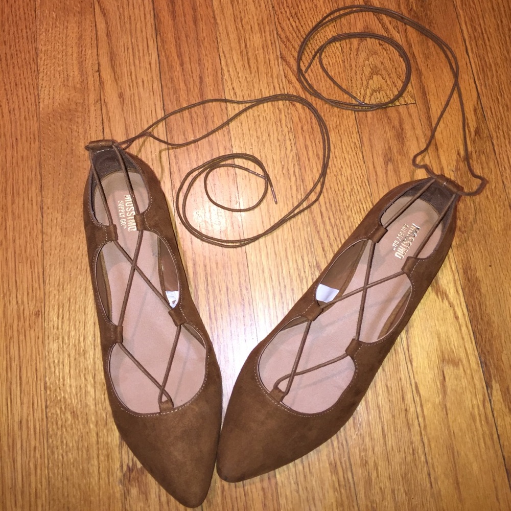 Brown suede tie up flats