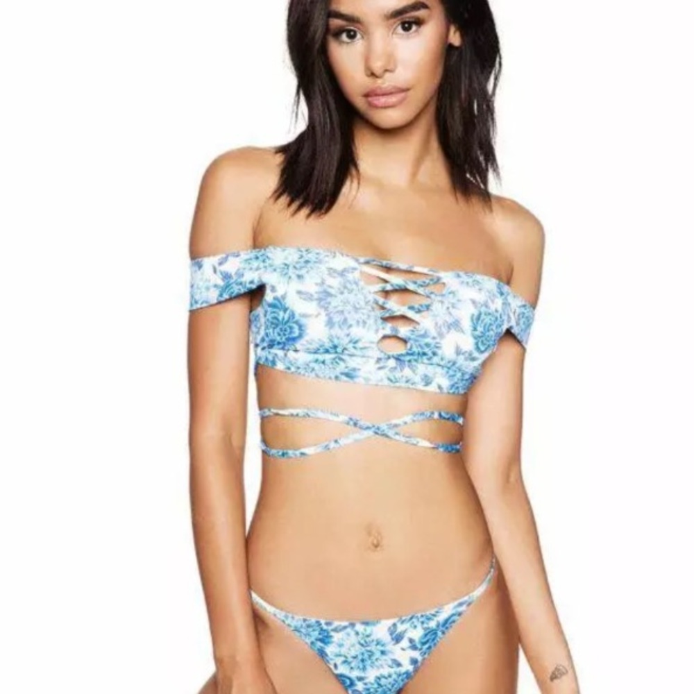 Floral White and Blue Off the shoulder Bikini set