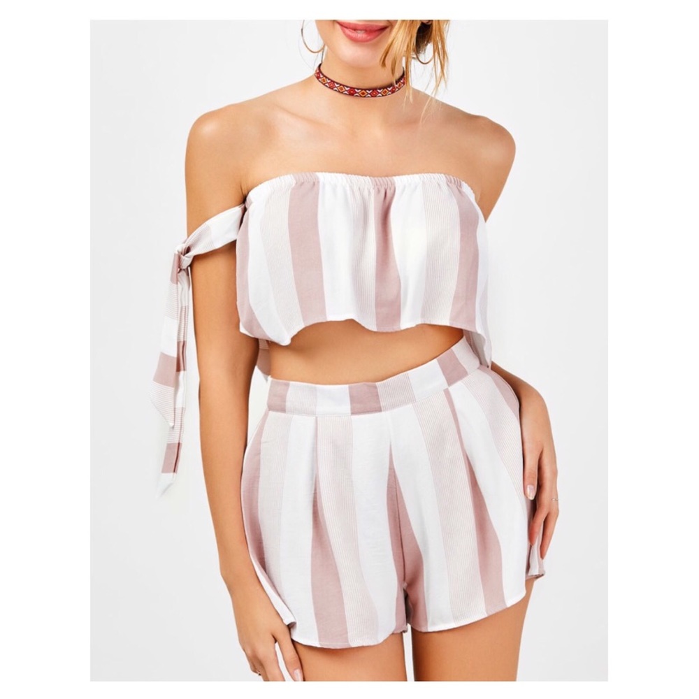 Strapless Striped Crop Top & High Waisted Shorts