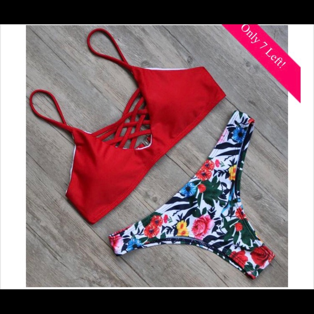Red floral bikini
