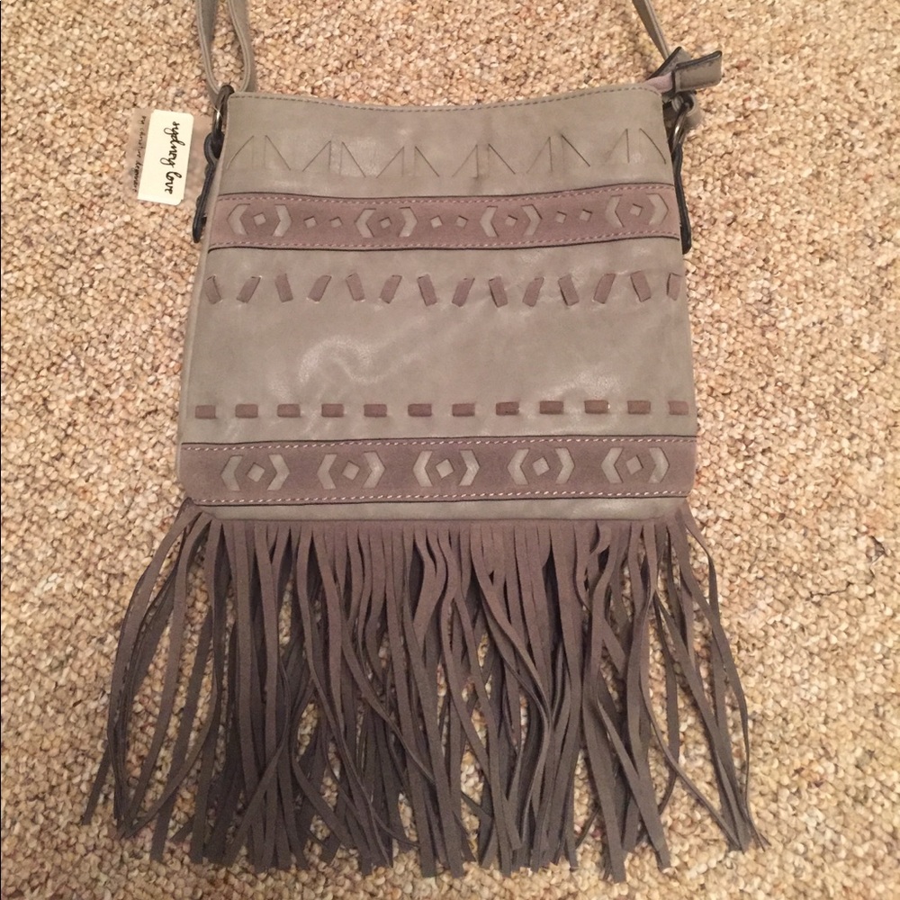 Gray handbag with fringe
