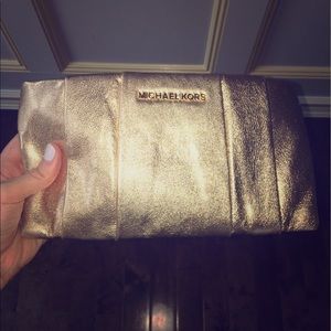 Michael Kors Leather Pleated Clutch Metallic Gold