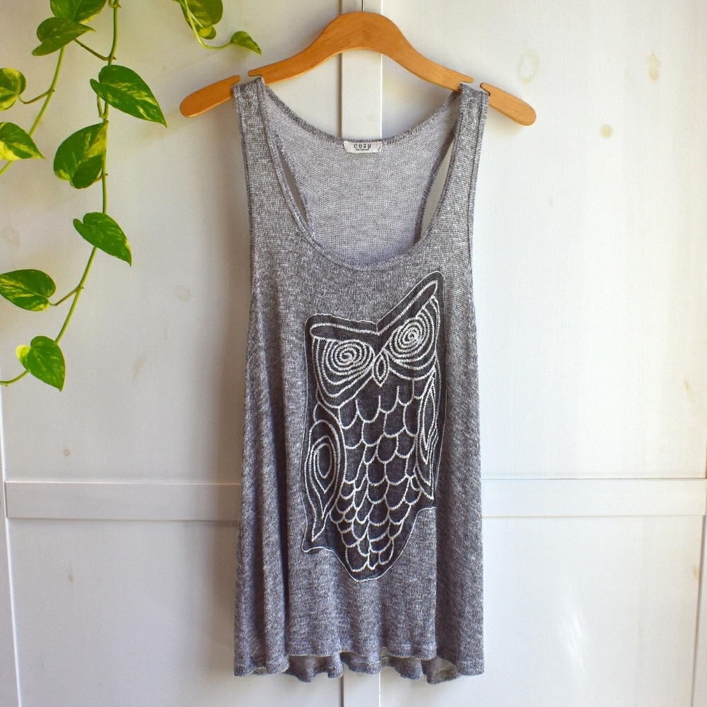 Heather Gray Owl Tank Woven Knit Cozy Casual