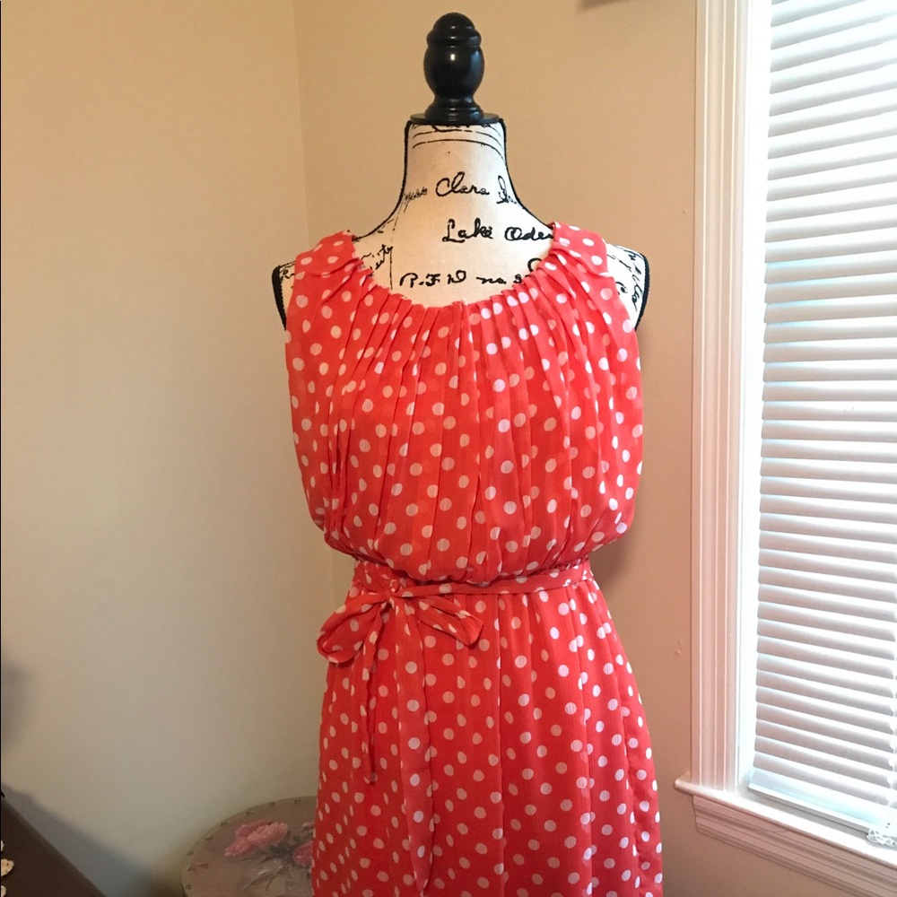 Coral & White Polka Dot Dress-Size M/8-EUC