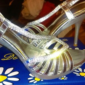 Silver open toe rhinestone heels