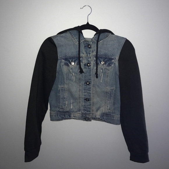 Jackets & Blazers - Blue Denim Jacket with Black Sleeves & Hood