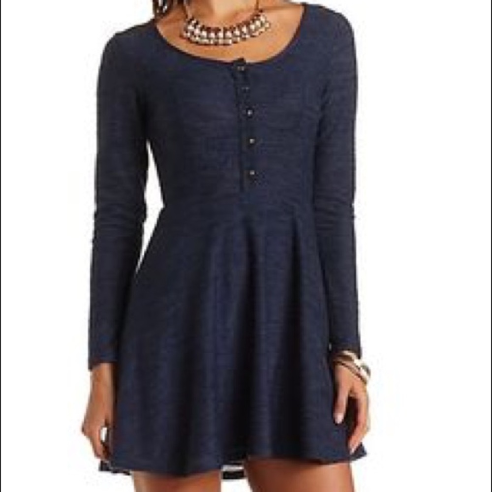 Dark Blue Knit Henley Style Skater Dress