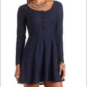Dark Blue Knit Henley Style Skater Dress
